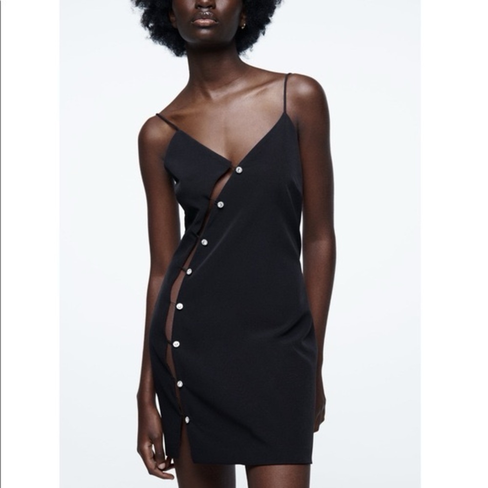 ZARA BUTTONED DRESS WITH JEWELED BUTTONS BLACK 0387/213 SMALL NEW